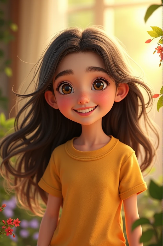 A cheerful girl with a bright smile, cheerful, confident, curious, likes to play and tease like a squirrel. Her long dark brown hair and sparkling star-like eyes.