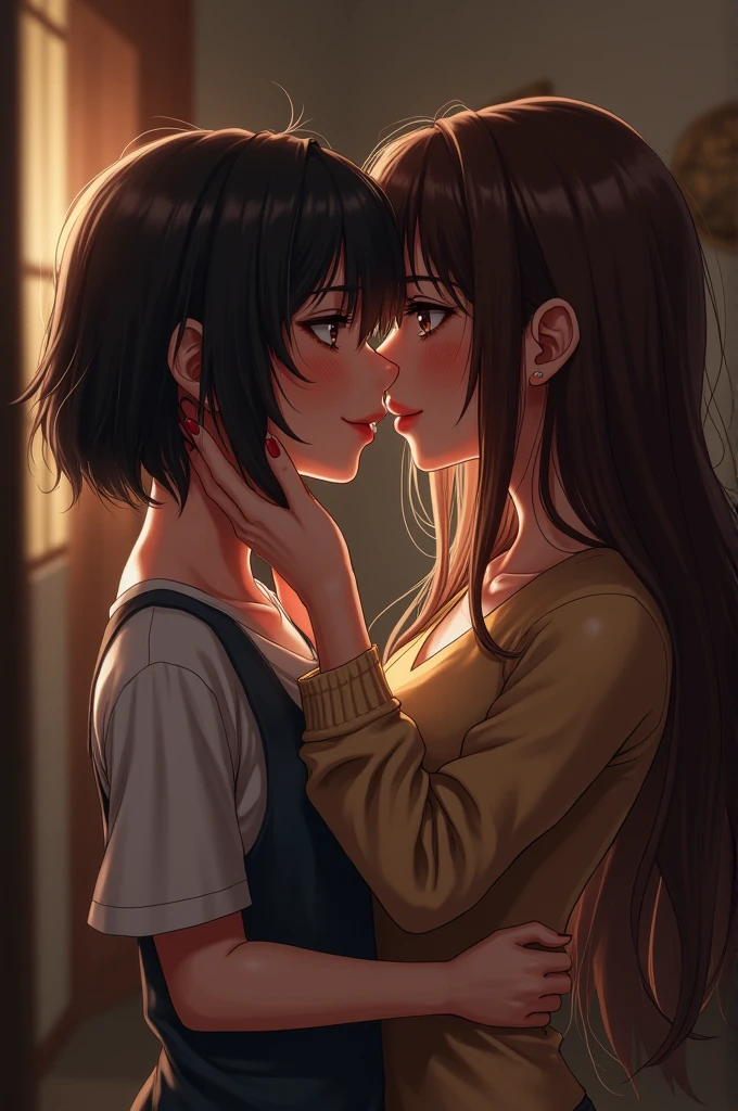 a girl with really short, dark brown hair. which is not longer than the beginning of her neck. she has a rebellious vibe. she’s kissing with a sweet boy, who has brown and very long straight hair. they are in love. she’s touching him. make it look very intimate and realistic