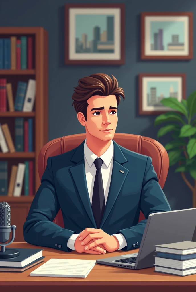 pixart style of a professional businessman sits confidently behind a well-organized desk in a modern office. He is dressed in a sharp, tailored suit, exuding success and professionalism. Behind him, there’s a bookshelf filled with books, and framed pictures adorn the wall, adding a touch of sophistication. A laptop is prominently placed on the desk, along with neatly arranged documents and a pen, creating an ideal setting for business and marketing content creation. The businessman is broadcasting and a condenser microphone is also infront of character 