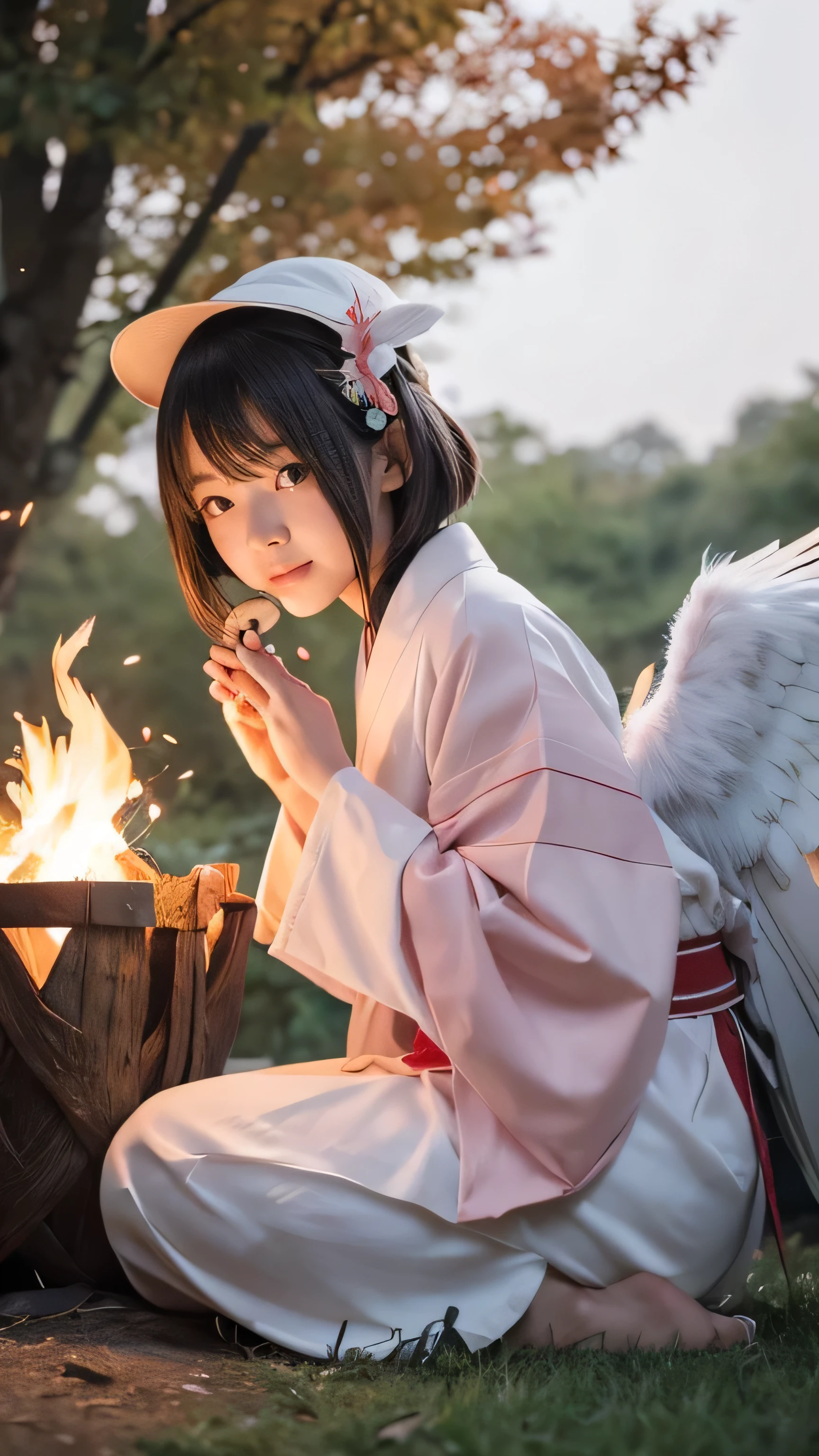 **Prompt:** Create an ultra-realistic depiction of a Tengu transformed into the ultimate "moe" character, camping in a serene forest setting. The Tengu retains its iconic long nose, now softened into a cute and endearing feature. Its large, sparkling eyes are filled with wonder and joy. The Tengu's wings are soft and feathery, with a gentle gradient of light pink and white, adding to its adorable appearance. It is dressed in a playful, colorful kimono with feather patterns and a cute camping hat. The Tengu is sitting by a campfire, roasting marshmallows, with a small, cozy tent set up nearby. The forest is bathed in the warm glow of the fire, with fireflies dancing around, creating a peaceful and enchanting atmosphere. The scene is filled with a sense of calm and cuteness, highlighting the Tengu’s transformed, moe character.
