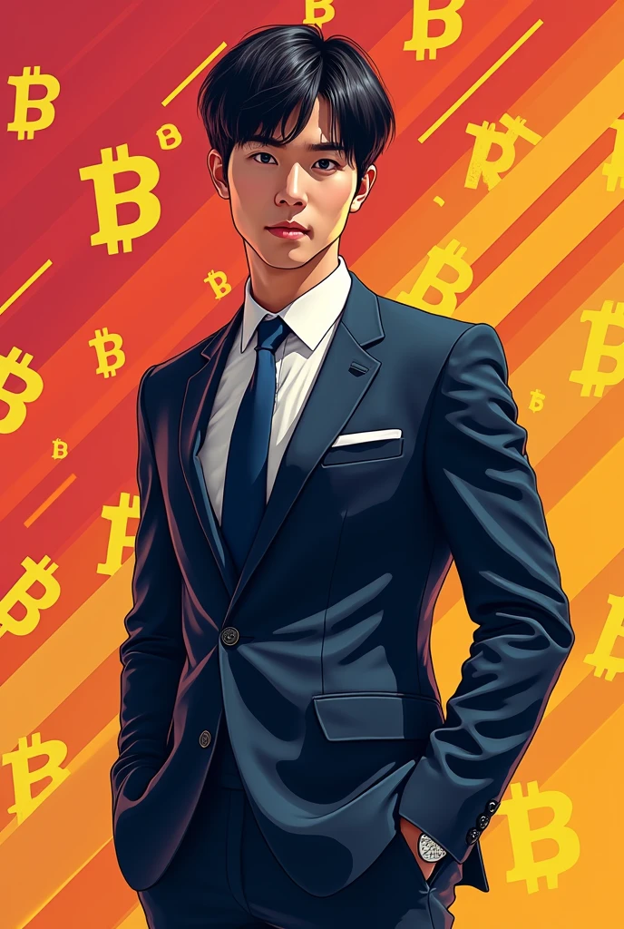 (masterpiece, Highest quality:1.1),Pop Art,Flat Color, Man in Black, Man wearing double-breasted suit,Hairstyle Center Part,Bitcoin background, Dynamic Angle,３０Male in his 20s,Japanese men