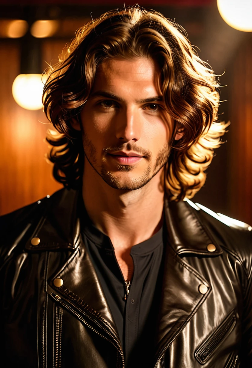 A person with wavy brown hair, with warm reflections, He is wearing a black leather jacket that shines slightly under the light.. The image is taken in an indoor environment with warm lighting. The person&#39;s face is intentionally out of focus, but one can imagine an expression of serenity and contemplation. The background is indistinct, suggesting a cozy and warm atmosphere