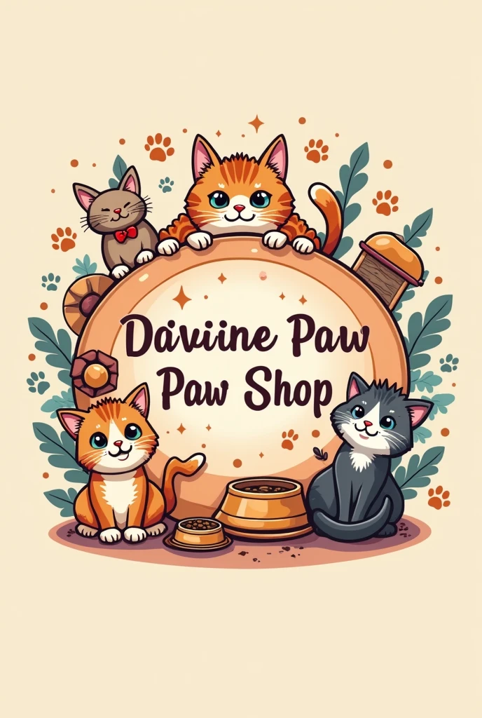 Create a logo of name Divine paw shop, make it cute and interesting by adding different cat toys and products like cat bowls food around the name