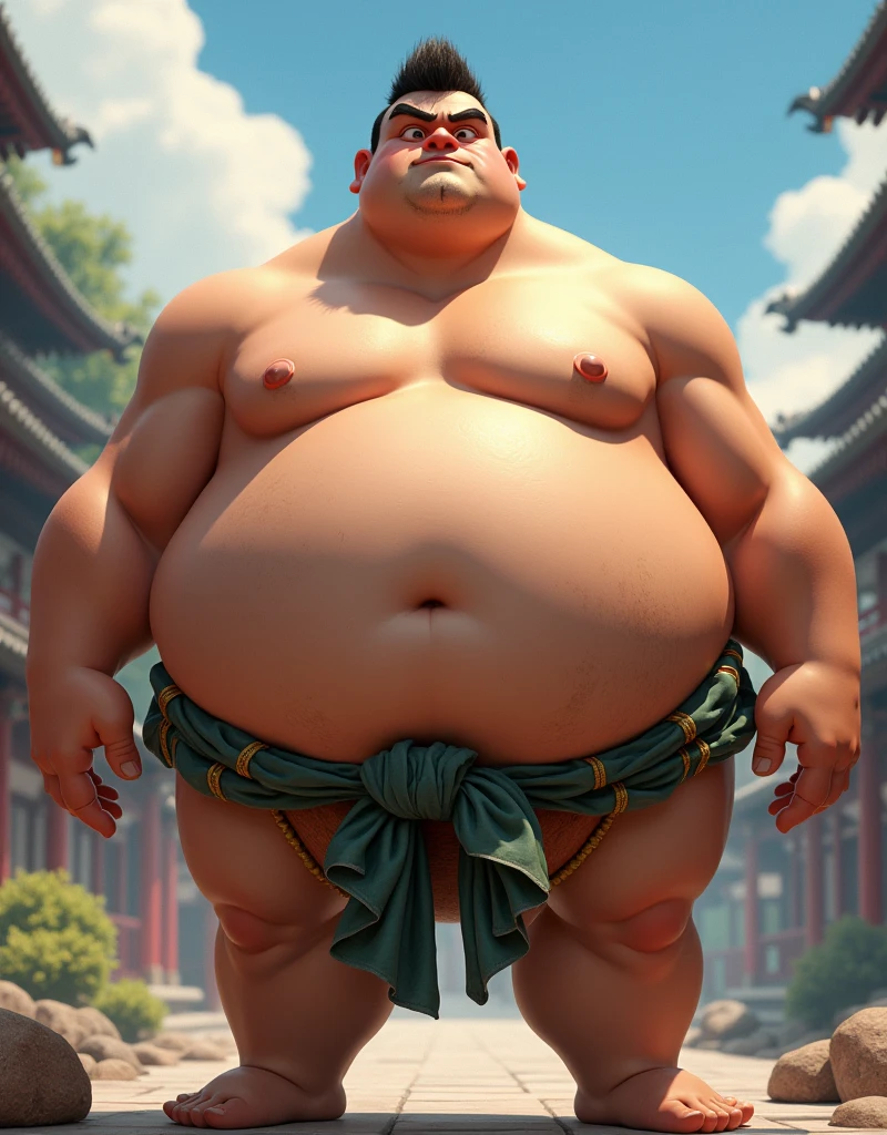 disney art style, semirealistic, huge muscular and fat sumo wrester, old man wearing shorts, shirtless, topless