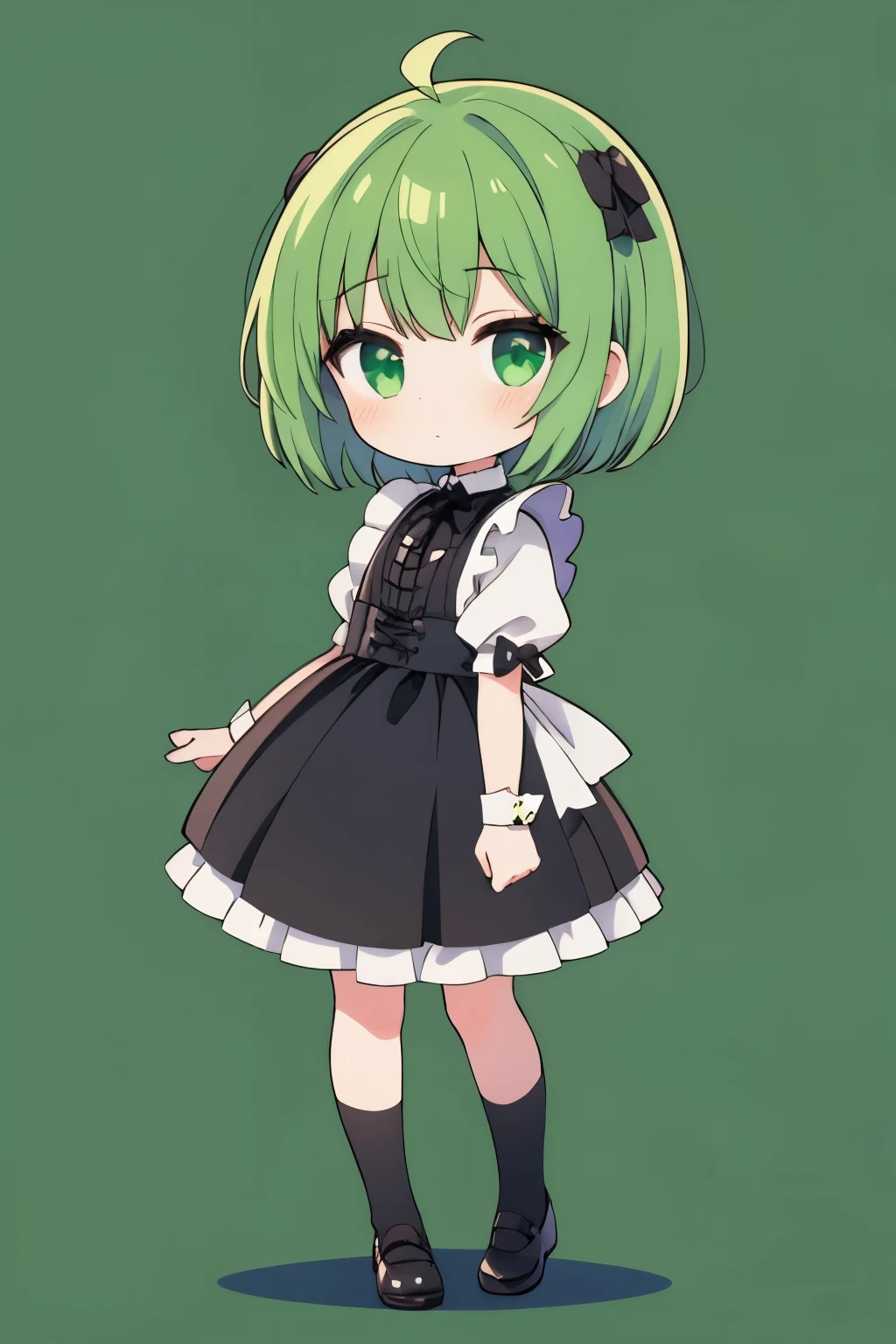 1girl, greenhair, Gothic Maid, chibi, full body, green back ground