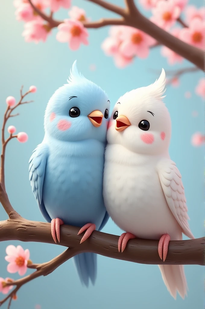 Cute budgerigar with light blue head and white feathers、I'm sitting on the branch of a cherry tree!
Next to her is a pure white female bird!
The two of them have smiling faces.