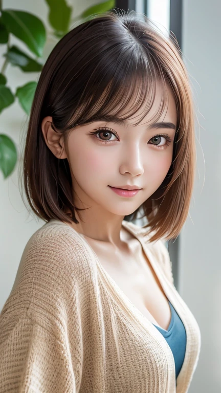 masterpiece, Highest quality, 8k, Absurd, (Upper Body:1.4), cardigan、sheer, beautiful girl, Pretty face, View your viewers, smile, Ultra-realistic, High resolution, photograph, Film Grain, chromatic aberration, Sharp focus, High resolution, Face Light, Dynamic Lighting, Cinema Lighting, Professional Shadow, Simple Background, Most detailed, Very detailed, Super detailed, In detail, Real Skin, Delicate facial features, Detailed face and eyes, Sharp pupils, Realistic students, (Japanese)、Brush your hair back、blush、Leaning against the wall、Selfie、Bobcut