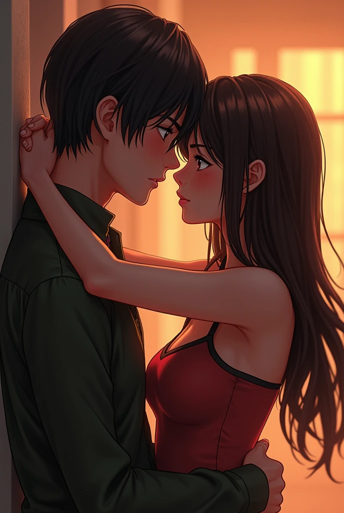 a girl with really short, dark brown hair. which is not longer than the beginning of her neck. she has a rebellious vibe. she’s kissing with a sweet boy, who has brown and very long straight hair. they are in love. she’s touching him. make it look very intimate and realistic