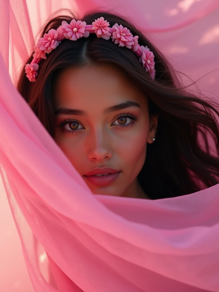 brown skin girl, carly hair, pink headband, pink eyes, pretty face, very beautiful face, brown skin face, pink fabric blowing over her face, high quality, epic pictures