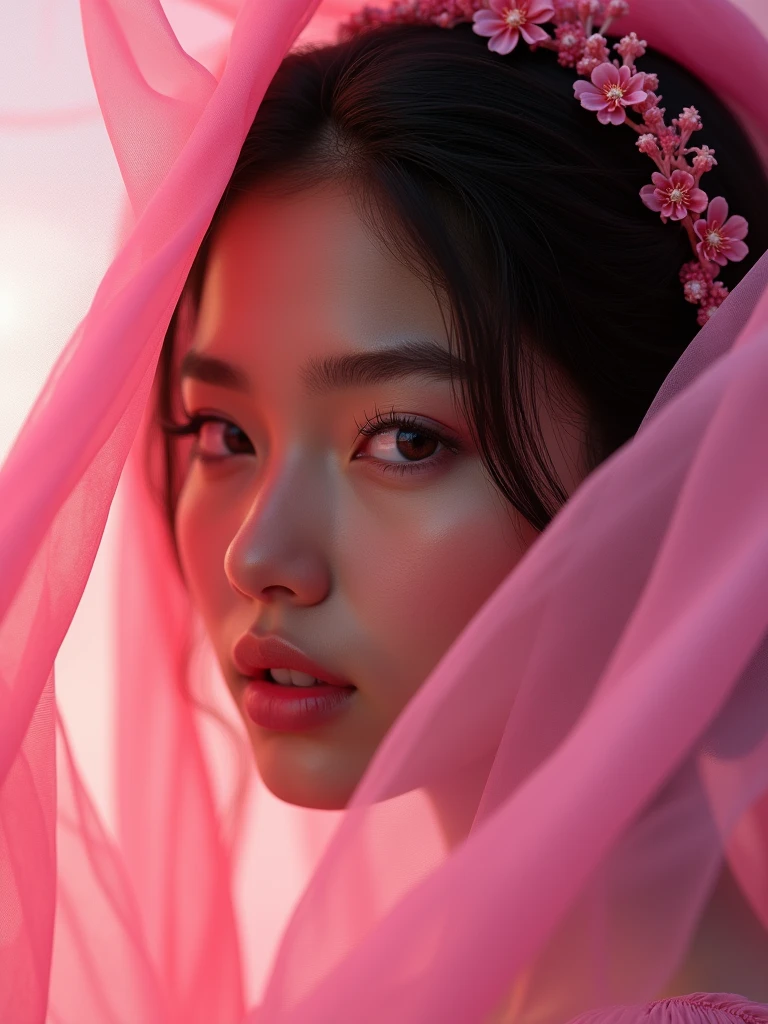 brown skin girl, carly hair, pink headband, pink eyes, pretty face, very beautiful face, brown skin face, pink fabric blowing over her face, high quality, epic pictures