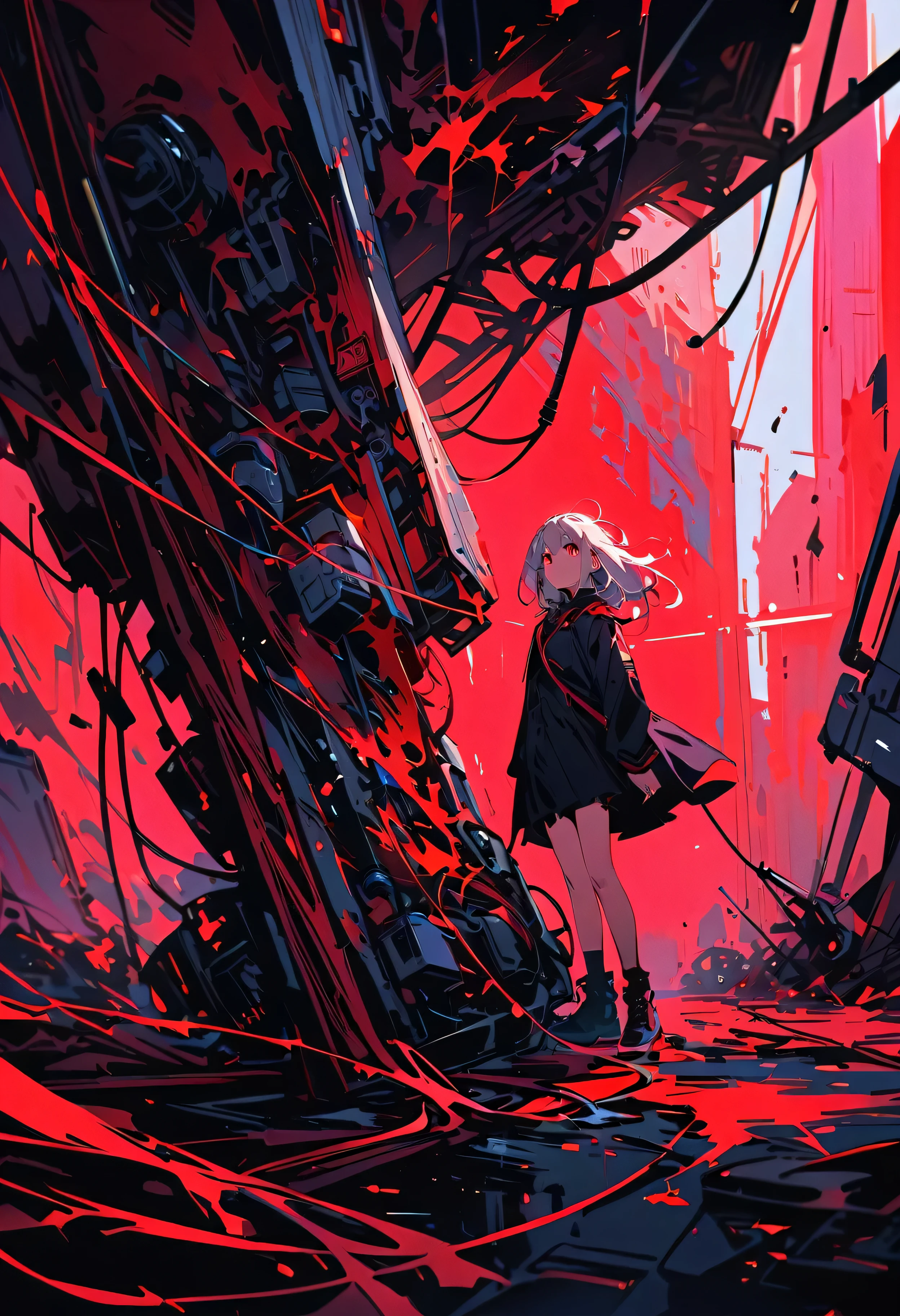 masterpiece, Highest quality, 8k, Digital Painting, 1 girl, alone, stand up, Young people, , , hair accessory, Red eyes, Round pupils, , Bloodstain, Machinery Parts, electric wire, cable, Impact of failure, That's horrible, sf, Futuristic, Dark background, Neon Light, Cyberpunk characters, Surreal, strange, Anxious, spine-chilling, That's horrible, Jumpsuit,Red eyes,Poison Possession,It turned black,Long black gloves,one piece pants,tight latex bodysuit,Highlighting her beautiful figure,Enveloping the whole body,symbiosis,((Raised to be sexy)),Jumpsuit,Red eyes,Poison Possession,It turned black,Long black gloves,one piece pants,Black latex clothing,Blood-Red eyes,Highest quality, High resolution, Very detailed, Vibrant Texture, mask, tight latex bodysuit, bangs,Purple Hair, blue eyes,evil smirk,evil smile,
