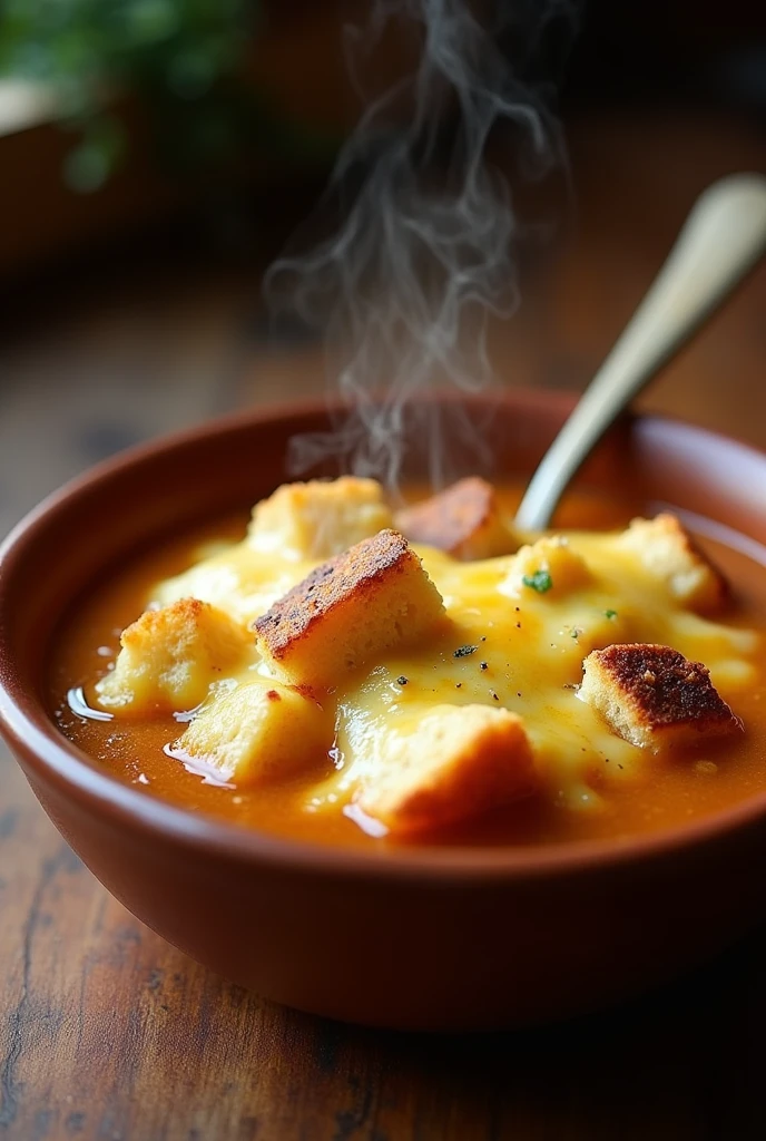 Bread crumbs in aguapanela with melted cheese 