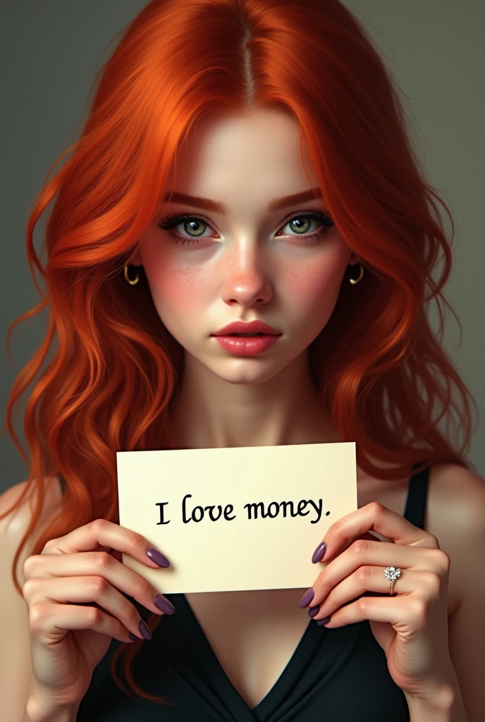 Beautiful red-haired girl with the inscription on the paper I love money