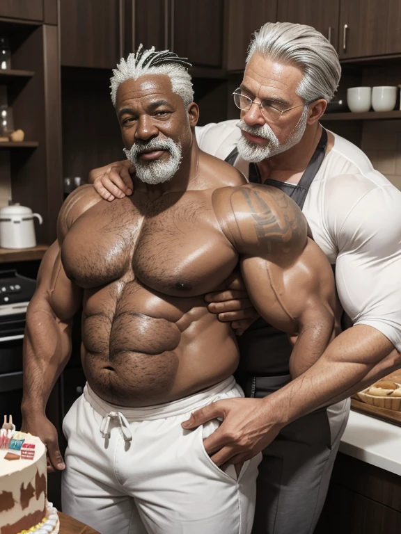 Hyperrealistic image of an African pastry chef hugging a bare-chested man, A very old and very sweaty superhero with very gray hair.., A very muscular and fat 80+ 20-year-old bodybuilder weighing over 200 kilos with his torso naked, large and flaccid pectorals, huge tattoos, big brown nipples, A grey mustache dressed in white trousers and in a kitchen in front of a birthday cake. 