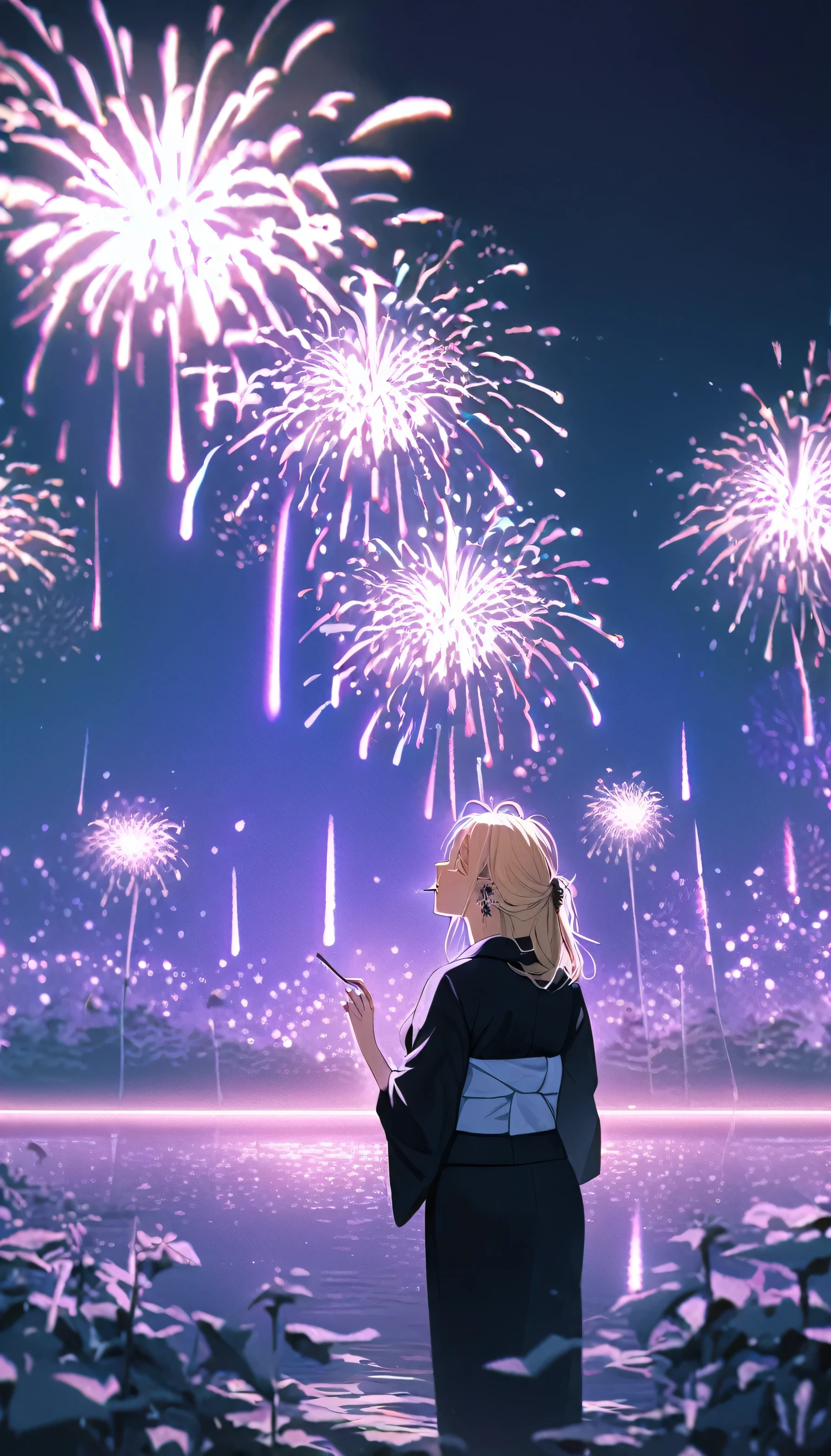 standing in front of a lake with fireworks like sunflower, A cool, mature female character with long blonde hair wearing a black yukata with a white obi.。Character is looking up while smoking a cigarette。She wears multiple piercings、The whole room is bathed in a purple light.。Light up your face in a dimly lit atmosphere。Emotional atmosphere。