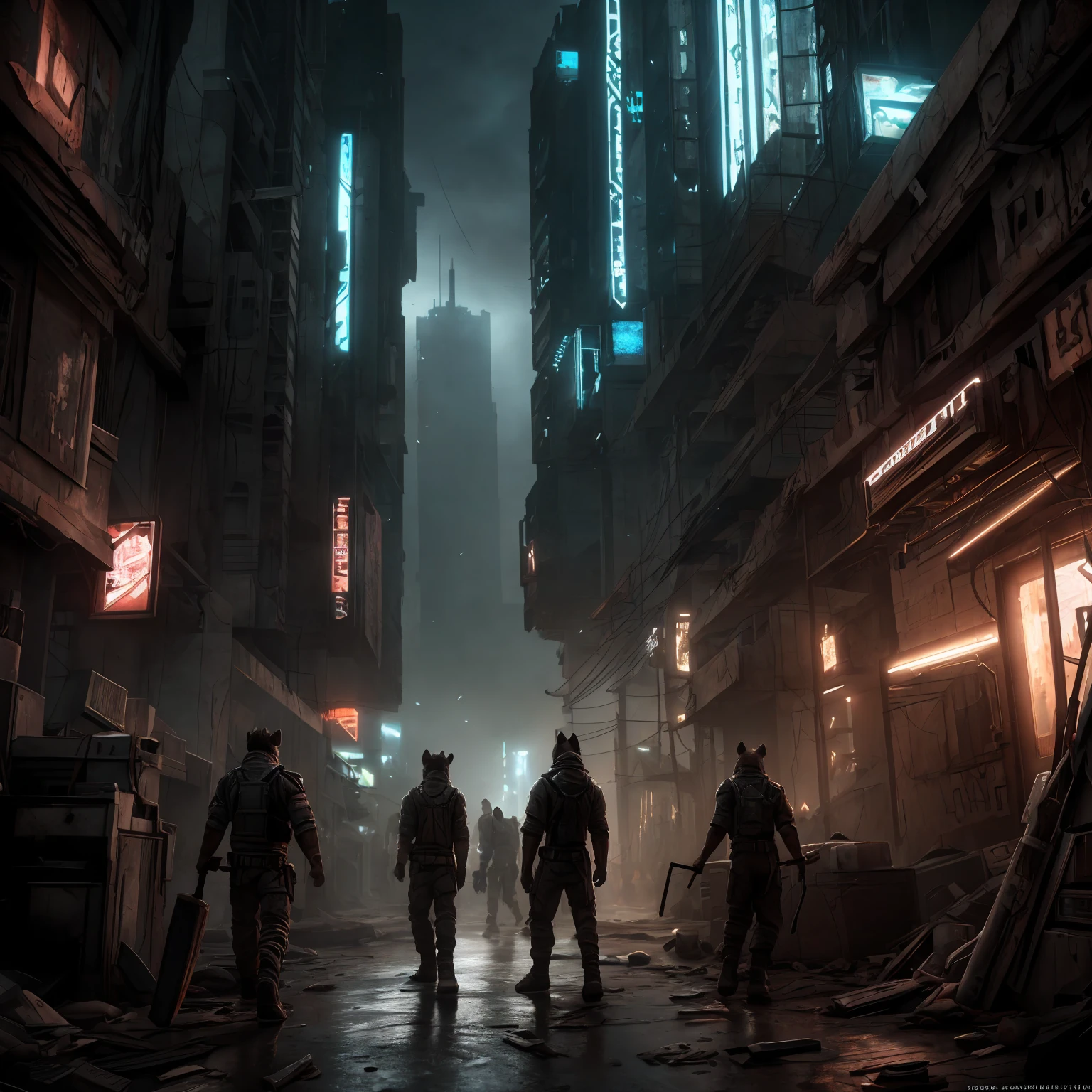 a group of female hyena-like humanoid creatures, holding baseball bats, threateningly standing in a dilapidated, dystopian city setting, (best quality,4k,8k,highres,masterpiece:1.2),ultra-detailed,(realistic,photorealistic,photo-realistic:1.37),dark cyberpunk atmosphere, moody lighting, dramatic angles, octane render, highly detailed, intricate textures, cinematic composition, muted color palette, gritty, post-apocalyptic