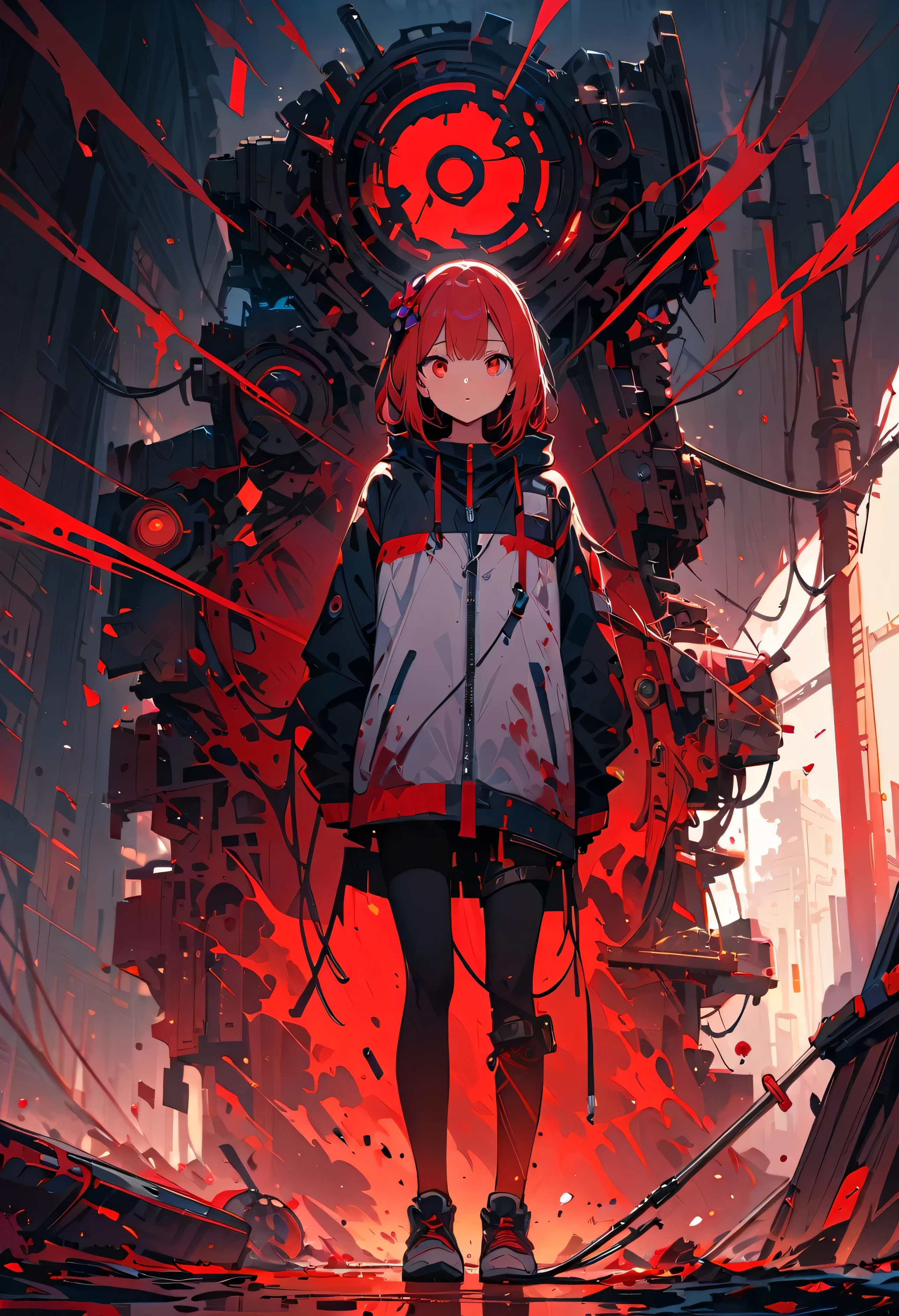 masterpiece， Highest quality， 8k， Digital Painting， 1 girl， alone， stand up， Young people， ， ， hair accessory， Red eyes， Round pupils， ， Bloodstain， Machinery Parts， electric wire， cable， Impact of failure， That&#39;s horrible， sf， Futuristic， Dark background， Neon Light， Cyberpunk characters， Surreal， strange， Anxious， spine-chilling， That&#39;s horrible， Jumpsuit，Red eyes，Poison Possession，It turned black，Long black gloves，one piece pants，tight latex bodysuit，Highlighting her beautiful figure,Enveloping the whole body，symbiosis，（（Raised to be sexy）），Jumpsuit，Red eyes，Poison Possession，It turned black，Long black gloves，one piece pants，Black latex clothing，Blood-Red eyes，Highest quality, High resolution, Very detailed, Vibrant Texture, mask, tight latex bodysuit, bangs,Purple Hair, blue eyes,evil smirk,evil smile,