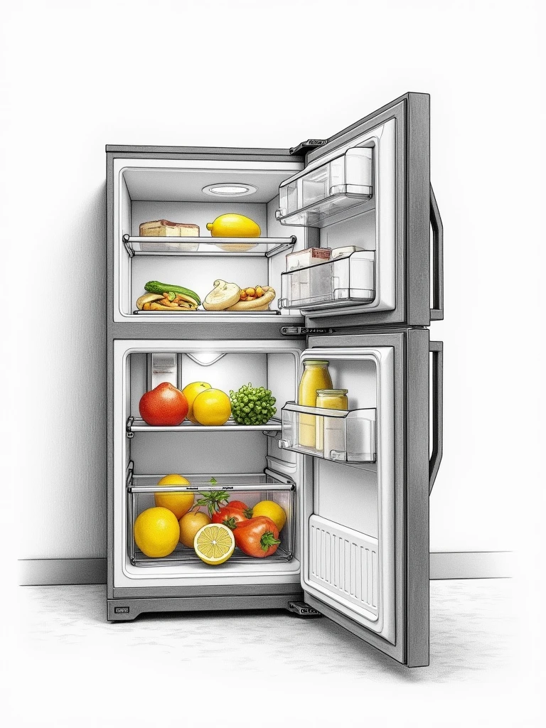 detailed pencil sketch of an open close-up india fridge with half cut yellow lemon, food and vegetables kept inside
