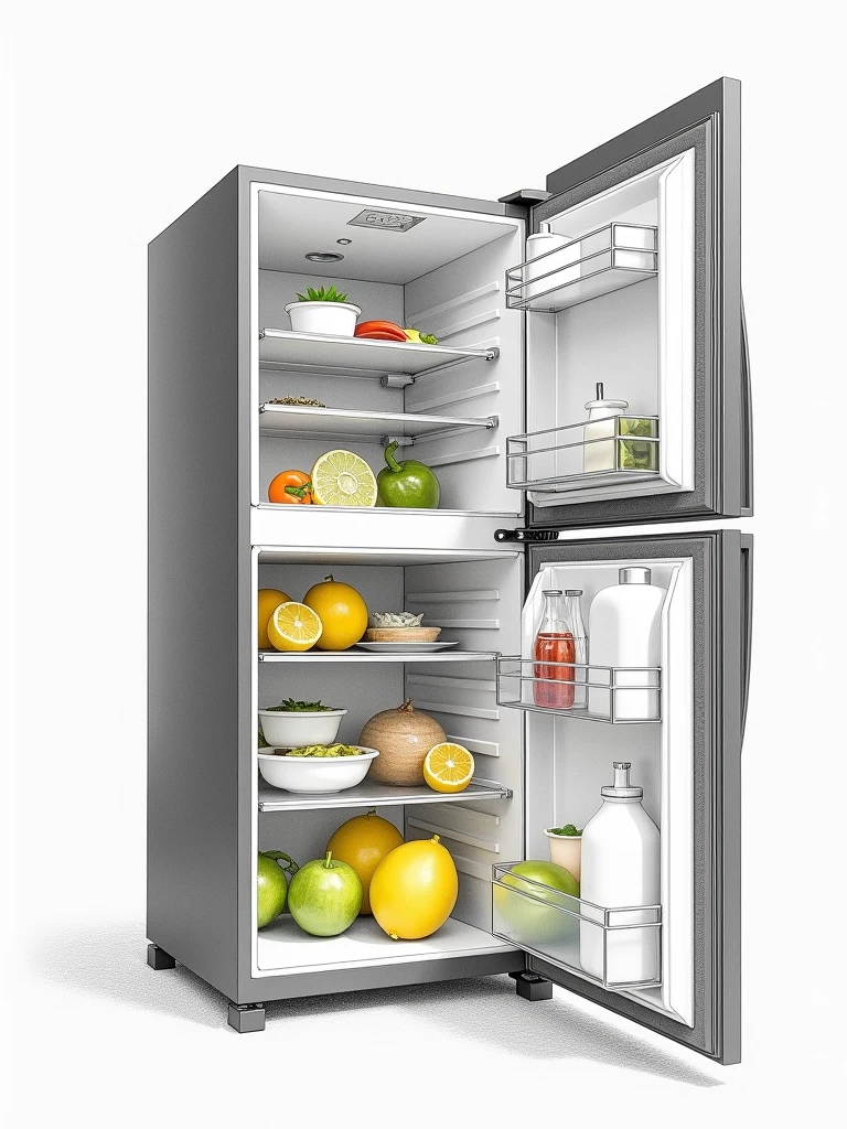 detailed pencil sketch of an open close-up india fridge with half cut yellow lemon, food and vegetables kept inside