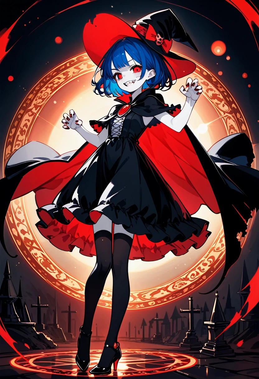 score_9, score_8_up,score_7_up,1 girl,solo,10 years old,(female child:1.5),(vampire:1.5),(witch:1.3),emaciated,red eyes,(darkblue hair,wavy-short hair,)middle thick eyebrows,middle small breasts,(pale skin:1.5),(sharp teeth:1.5),(gothic lolita,black dress:1.1),(black thighhighs:1.3),pointy hat,high heels,(vampirecape,cape,cloak:1.1),(grin:1.5),skinny
(from front),indoor
(Rembrandt lighting, colorful reaction, lens flare, bloom,film Reflection),claw pose,standing on a magic circle,pale skin,