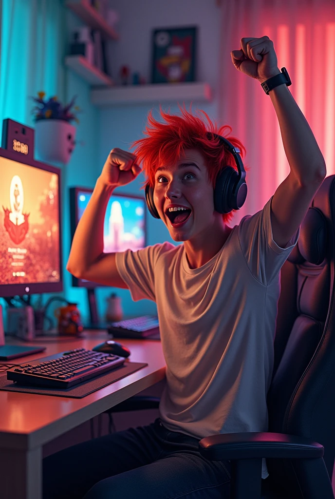 Create a red-haired gamer at home super happy after winning a match
