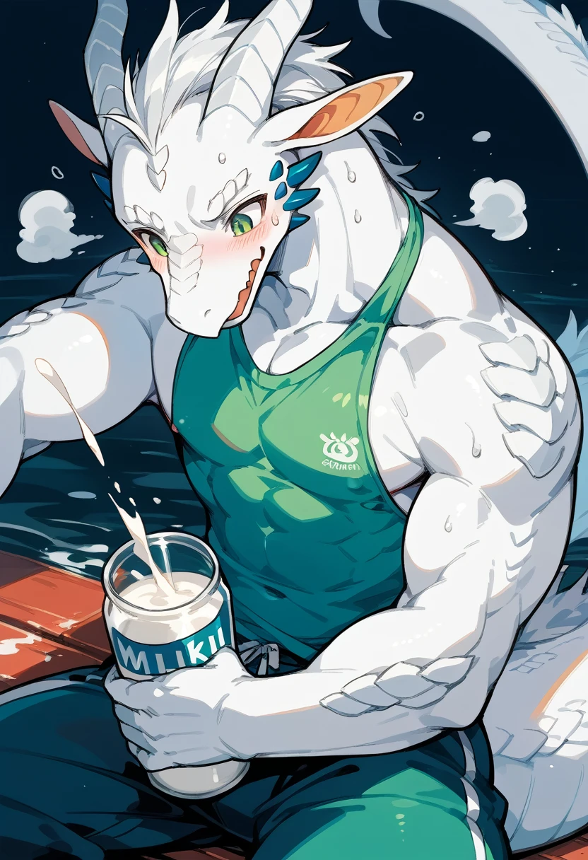 Oriental White Dragon(Species),Dark green eyes,Fit body,Dark personality,bath,Bulge in pants,blush,sweat,Slobber,muscle,Open your legs,Long neck,Milk flowing on face,Covered in milk,Shota