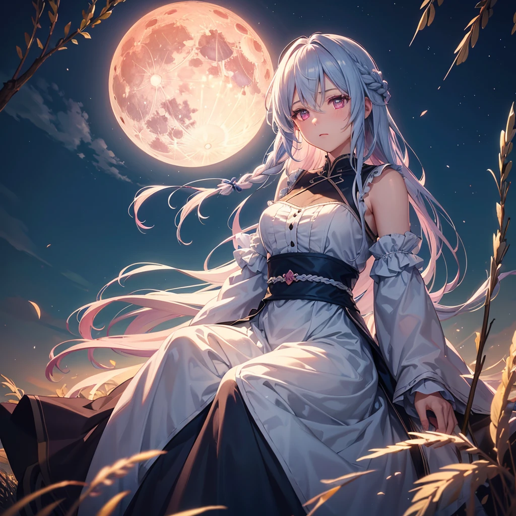(Sky blue braided medium length hair), (Pink eyes),(Fair skin) ,(whole body),(One Girl),(harvest moon),(A large amount of Miscanthus sinensis in the background),autumn,(full moon),(masterpiece, Highest quality, Very detailed, Best Shadow), (Detailed Background), (Beautifully detailed face), High Contrast, (Best lighting, Very delicate and beautiful), ((Cinematic Light)), Hyper Detail,8k, Dramatic Light, Intricate details