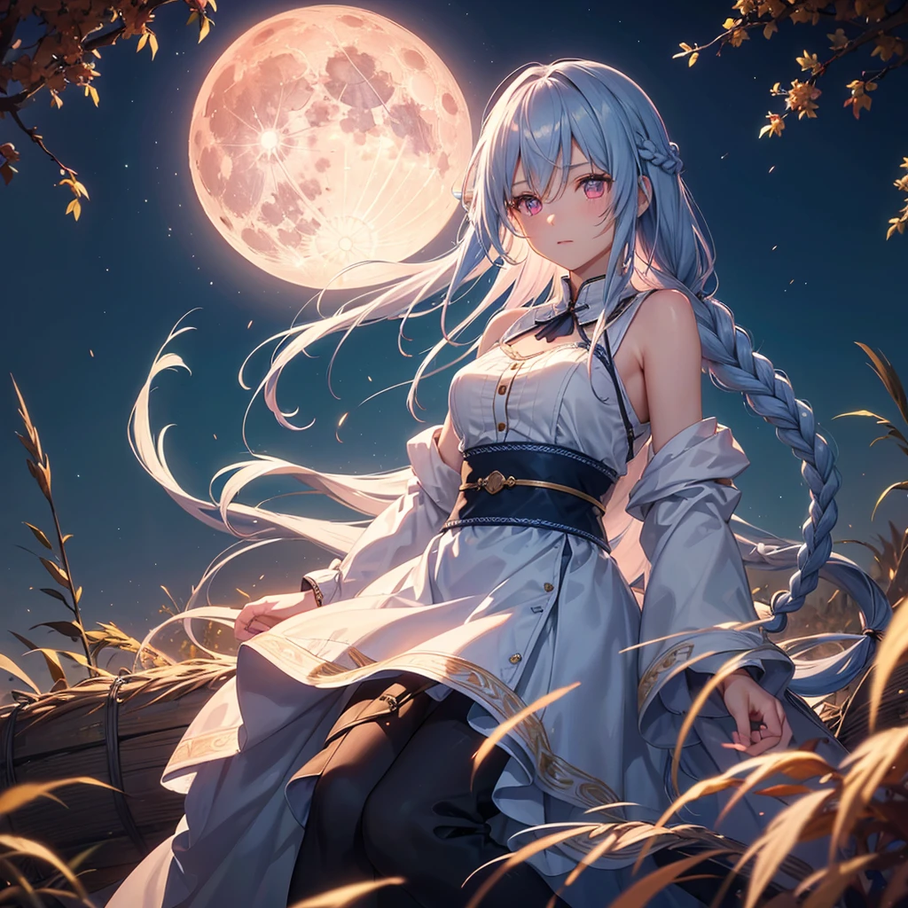 (Sky blue braided medium length hair), (Pink eyes),(Fair skin)  ,(whole body),(One Girl),(harvest moon),(A large amount of Miscanthus sinensis in the background),autumn,(full moon),(masterpiece, Highest quality, Very detailed, Best Shadow), (Detailed Background), (Beautifully detailed face), High Contrast, (Best lighting, Very delicate and beautiful), ((Cinematic Light)), Hyper Detail,8k, Dramatic Light, Intricate details