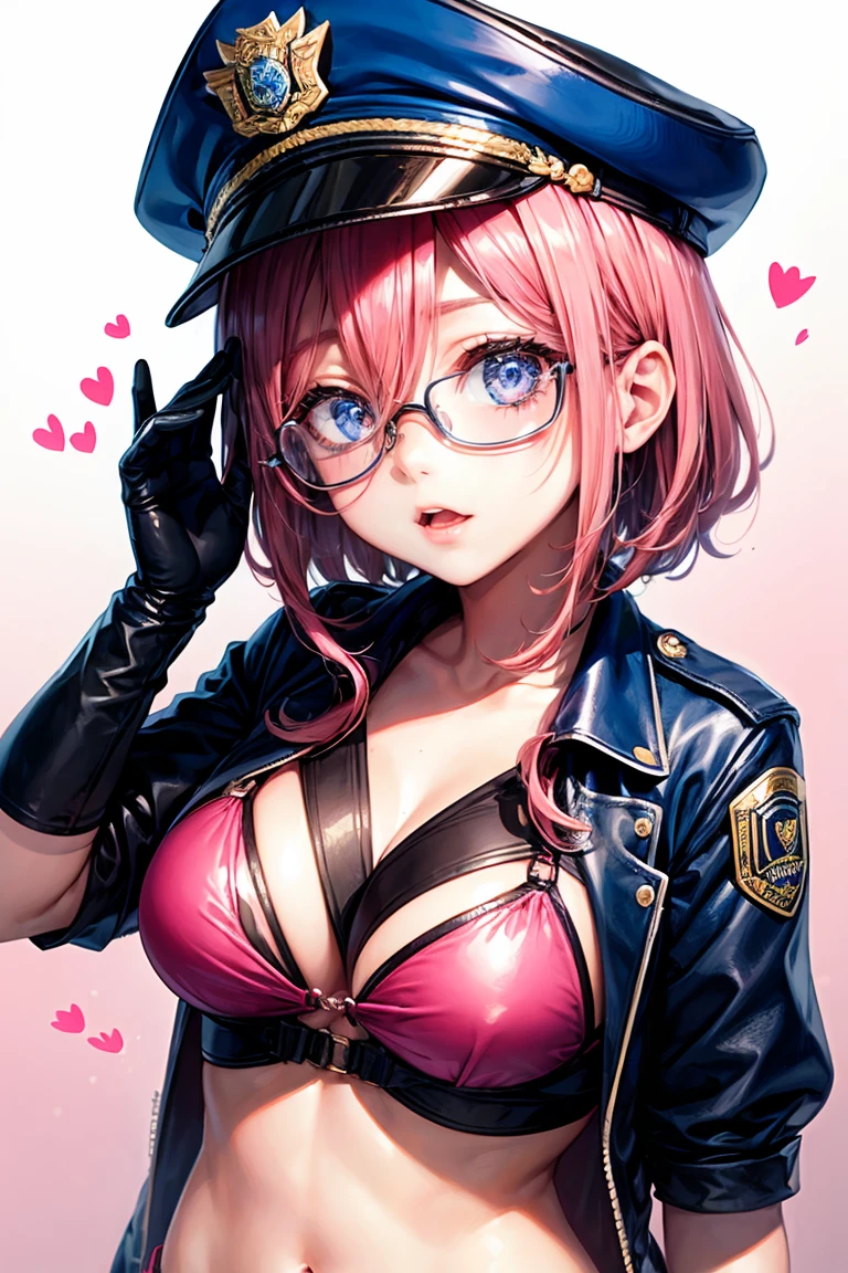 realisitic、top-quality、1girl in 、Police Officer Cap Pink Hair ,Short hair, Heart shaped pupils,  ,Pink Sequin Bikini , Black PVC gloves 、glasses