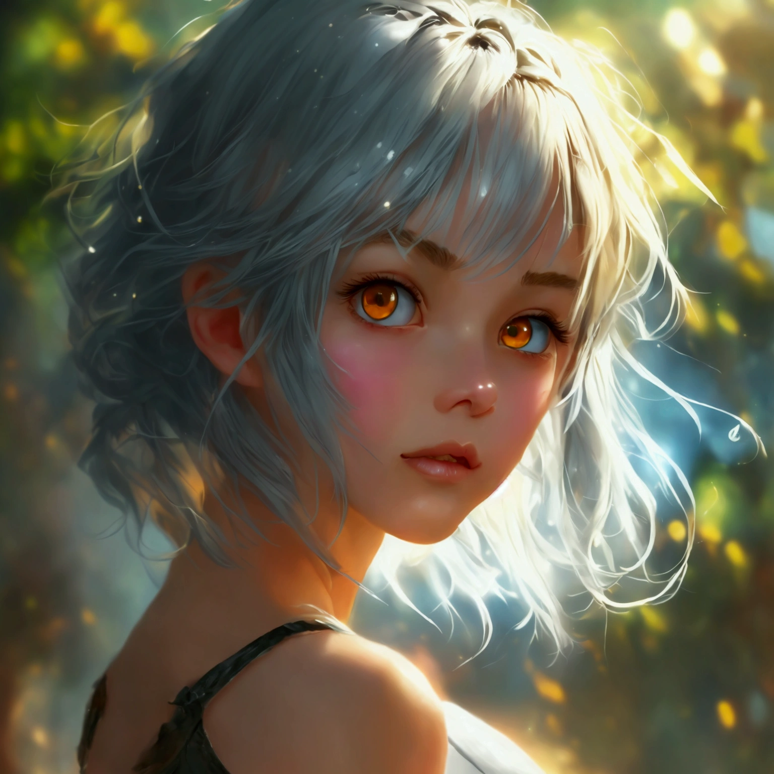 1 girl 23 old years , silver hair, amber eyes, excited, UHD, masterpiece, anatomically correct, super detail, high quality, high details, best quality, highres, HD, 16k, , in the style of Peter Jackson, Pastel, Modern, Ethereal, --c 51
