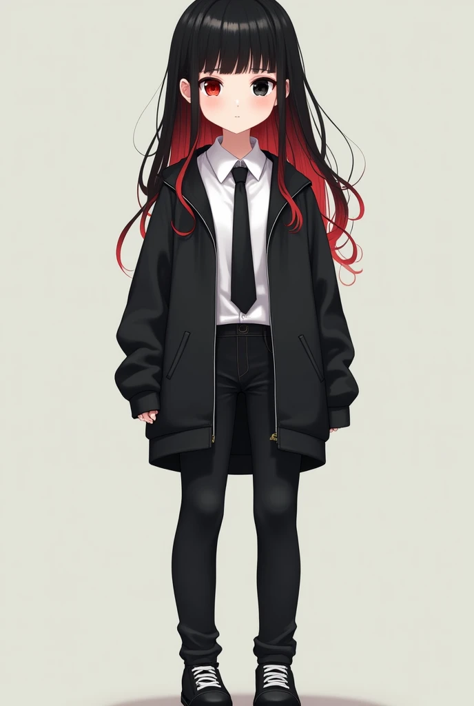 I would like you to draw something like a life-sized standing image.。
A girl with a slightly childish face、Her eyes are double-lidded and slightly droopy.、The bangs are blunt and the hair is long.。It&#39;s a little slender.。
Left eye is black and right eye is red、Her hair is black with a red gradation towards the ends.。
He was wearing a white shirt with the first button undone and a black tie.、Over that he wears a black hoodie。He is also wearing black pants that reach down to his ankles.。
The shoes are black with white lines.。please