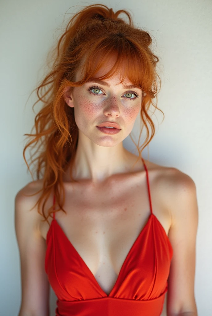 Light coloured eyes, (Jessica chastain,:0.8), beautiful average looking woman, dress, (looking at the camera:1.4), (highest quality), (best shadow), intricate details, interior, (ginger hair:1.3), white studio, rich colors, freckles, cleavage ,(ponytail:1.4), wavy hair, (bangs:1.4), ultra realistic photo, masterpiece, Polaroid, Kodak portra 800, dof 85mm, bokeh, (thick body :1.2),