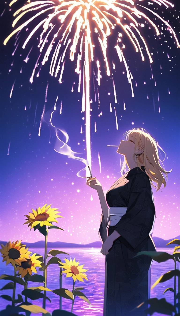 standing in front of a lake with fireworks like sunflower, A cool, mature female character with long blonde hair wearing a black yukata with a white obi.。Character is looking up while smoking a cigarette。She wears multiple piercings、The whole room is bathed in a purple light.。Light up your face in a dimly lit atmosphere。Emotional atmosphere。