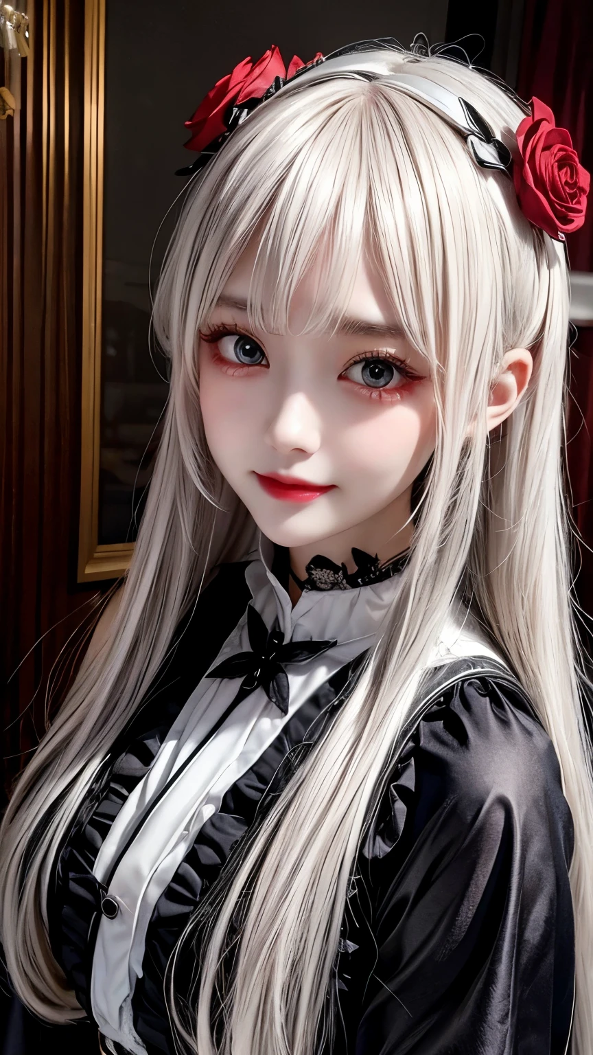 Has long white hair and red eyes、Please draw a super beautiful girl wearing a black hair accessory.。She wears a Gothic Lolita outfit、The elegant and mysterious atmosphere surrounds you.。Her hair ornament is black、Showing off her beautiful hair、It highlights her individuality。

Her Gothic Lolita outfit、A dark and luxurious design that is still subtle、It maintains its understated charm。Lace and ribbon、Accents such as ruffles、It is a hallmark of her Gothic Lolita style.。The outfit hugged her figure beautifully.、It gives elegance and class。

Her red eyes shine passionately、Combined with her charming smile、It highlights her individuality and charm.。Her smile has a unique charm、Combined with her mysterious aura、Her charm stands out even more。Her appearance is美しく、Its presence is captivating。

This beautiful girl with long white hair and red eyes、Wearing a modest yet attractive Gothic Lolita outfit、It displays its beauty and dignity。Her appearance is、Her presence and charm in the world of Gothic Lolita fashion is fused together.、It is a fascinating and mysterious sight.。