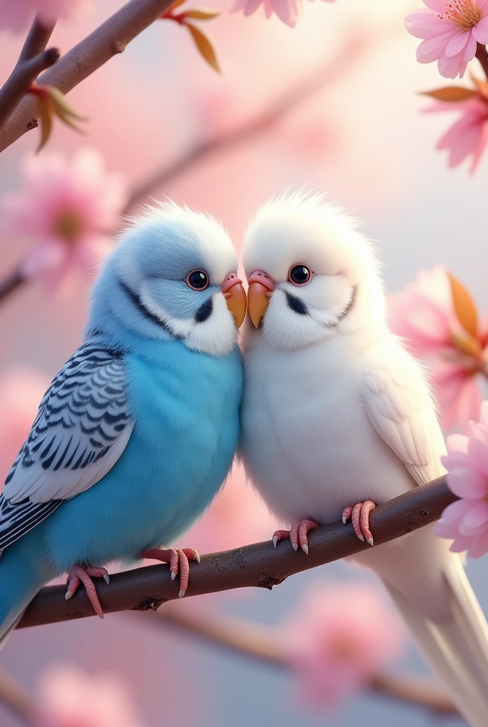 Cute budgerigar with light blue head and white feathers、I'm sitting on the branch of a cherry tree!
Next to her is a pure white female bird!
The two are playing together.
