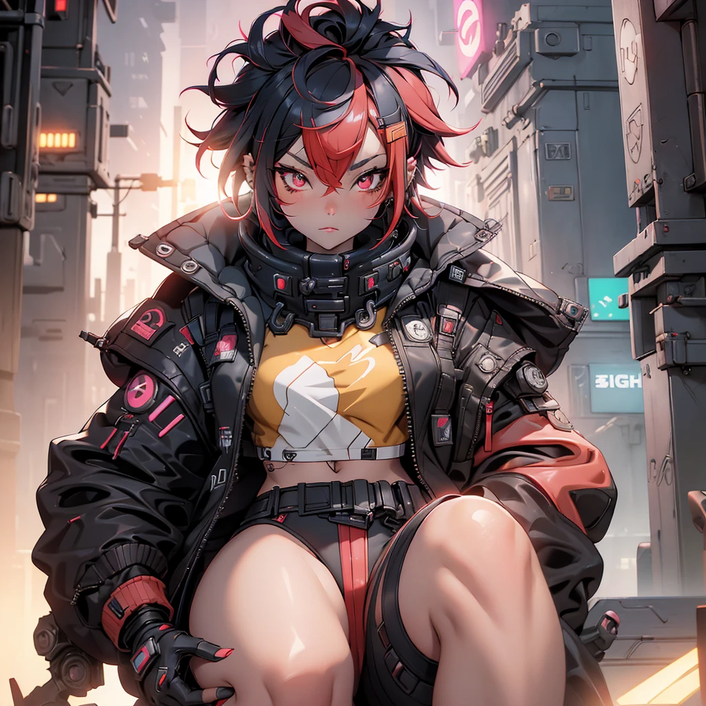 Cyberpunkgirl, blackandredhighlight shorthair,cyberpunkcity,nightcity,background,1girl,blackandredjacket,higresolution,masterpiece,bestquality,hd,highdetails,nightview,8k,32k,fullbody,1girl,redhair,stylishstyle,