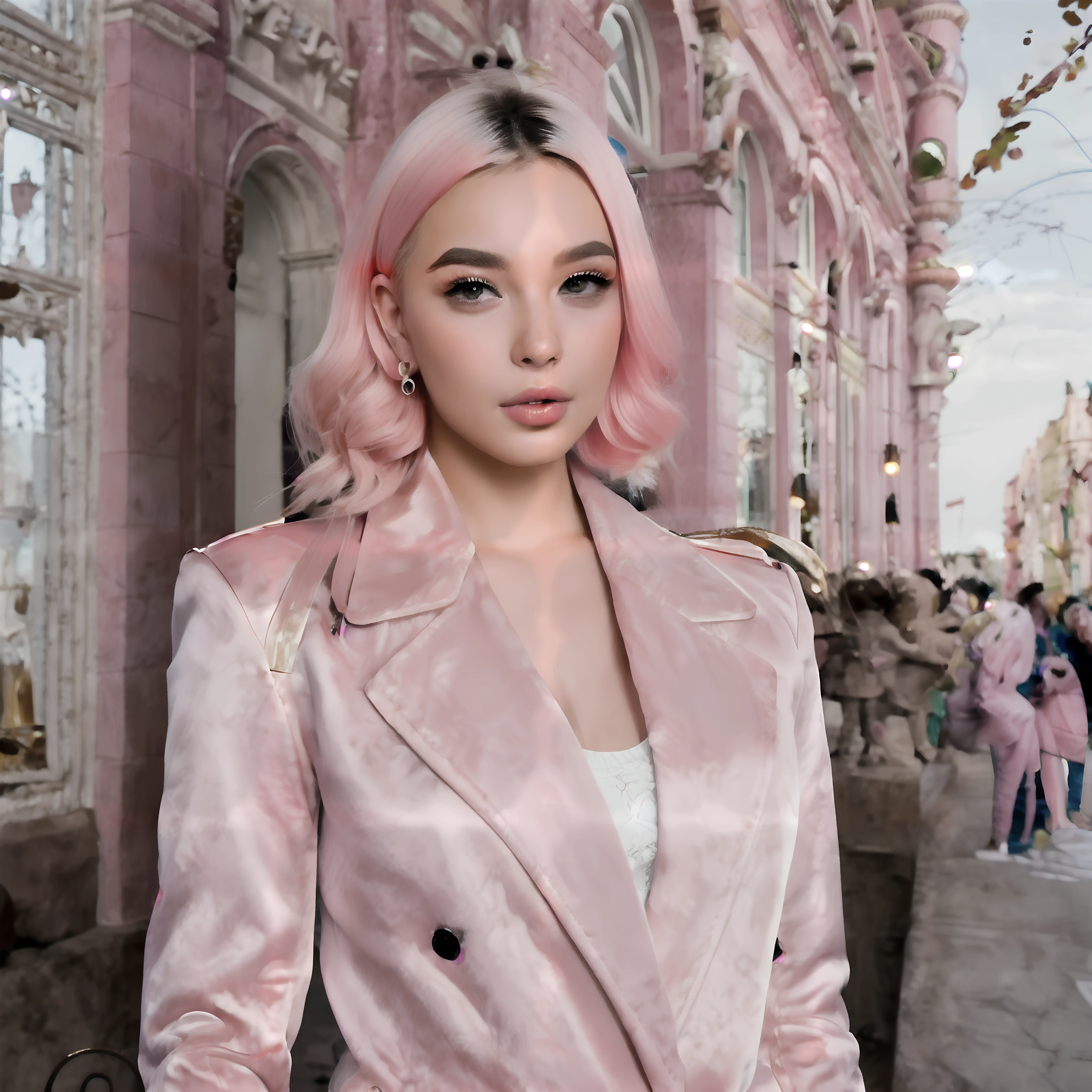photo of sexy Korean girl sitting on 5th avenue wearing high heels, short pink hair, dark makeup