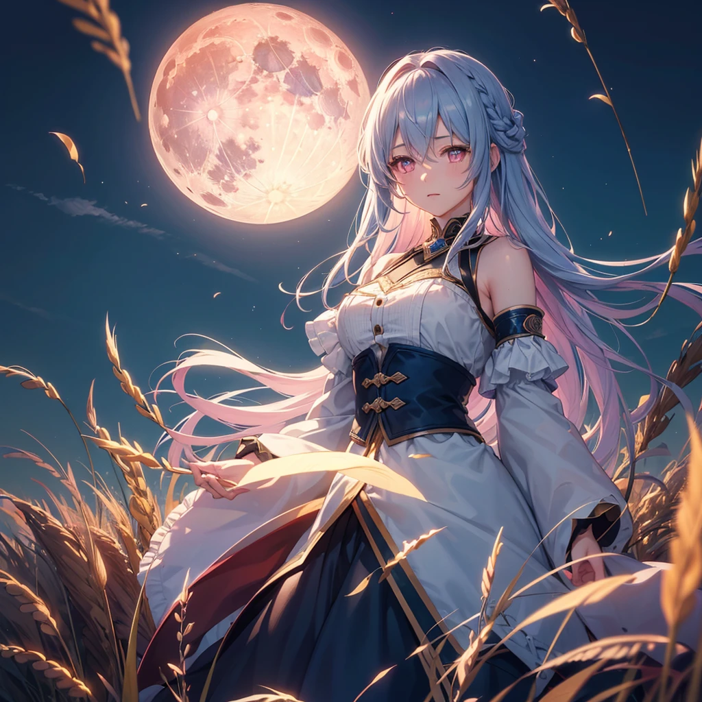 (Sky blue braided medium length hair), (Pink eyes),(Fair skin) ,(whole body),(One Girl),(harvest moon),(A large amount of Miscanthus sinensis in the background),autumn,(full moon),(masterpiece, Highest quality, Very detailed, Best Shadow), (Detailed Background), (Beautifully detailed face), High Contrast, (Best lighting, Very delicate and beautiful), ((Cinematic Light)), Hyper Detail,8k, Dramatic Light, Intricate details
