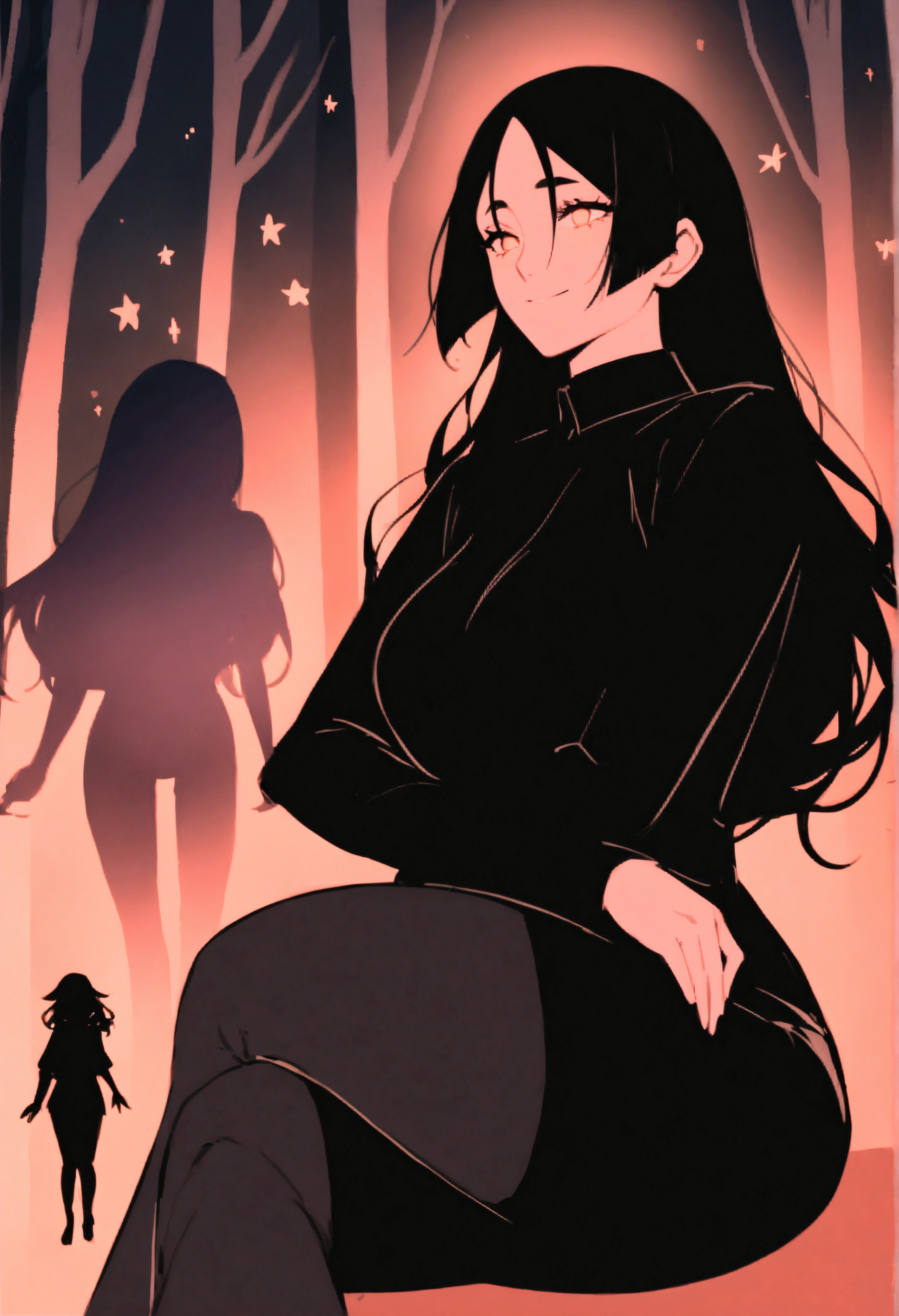 masterpiece、Highest quality、One mature woman、Raikou、A motherly smile、(silhouette:1.1), Long Hair, Glowing Eyes, forest, star (null), throw, Red background, (Crossing your legs:1.3),