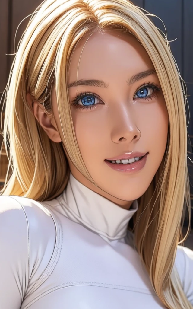 girl, smile, white bodysuit, blonde, blue eyes, Hyper Realistic