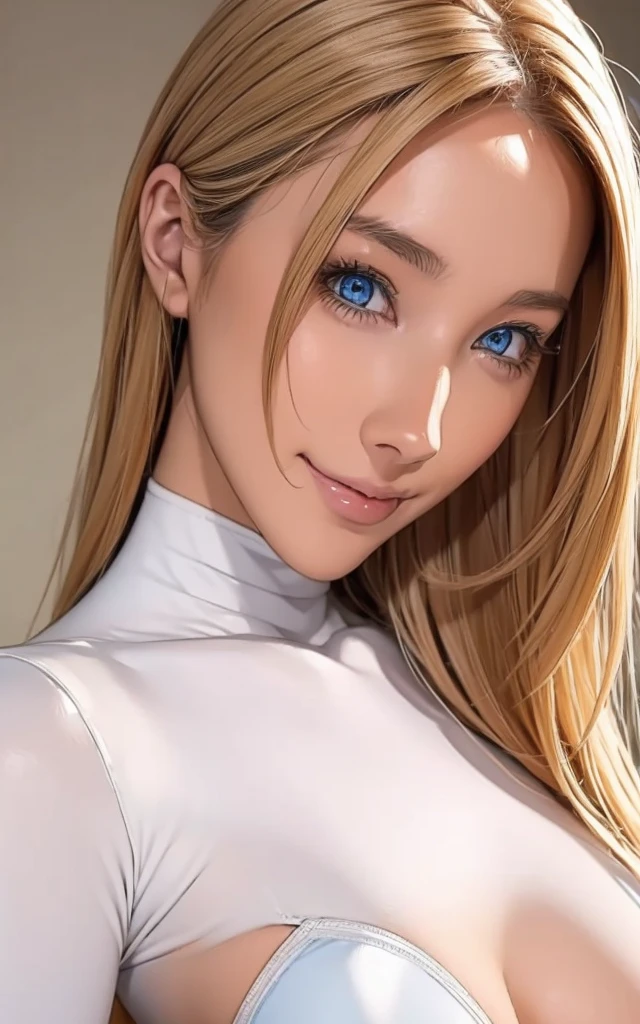 girl, smile, white bodysuit, blonde, blue eyes, Hyper Realistic