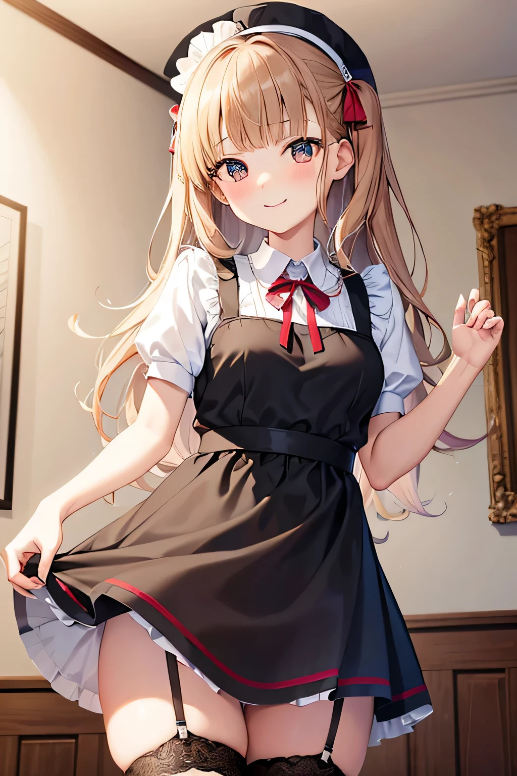 masterpiece, Highest quality, High resolution, 1 and later, fujiwara chika, maid dress, chest, Red ribbon, Blunt bangs, large chest, Cowboy Shot, smile, indoor, Sexy pose, chestを出して, maid, Meidofuku, black maid dress, about, maid about, mini skirt, Garter Straps, stockings, Hands Behind Back,