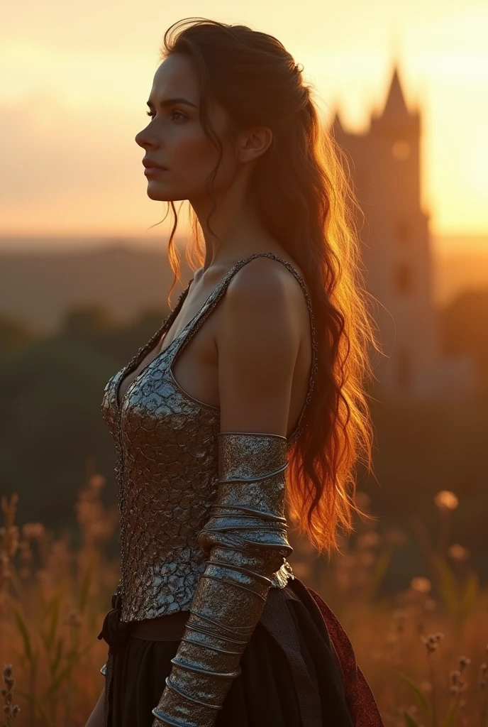 (masterpiece), (extremely intricate:1.3), (realistic), naked girl, the most beautiful in the world, (medieval armor), outdoors, intense sunlight, far away castle, professional photograph of a stunning woman detailed, sharp focus, dramatic, award winning, cinematic lighting, octane render unreal engine, volumetrics dtx, (film grain, blurry background, blurry foreground, bokeh, depth of field, sunset, motion blur:1.3), chainmail