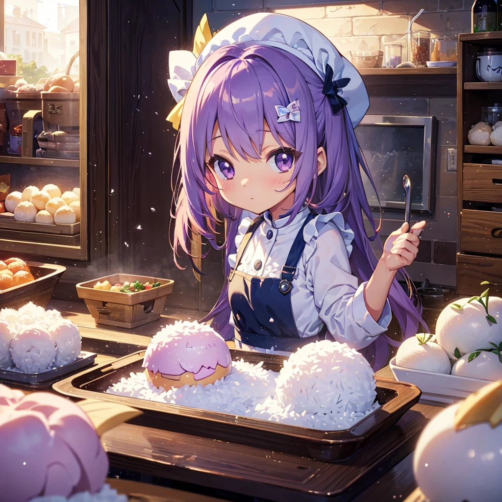 {{{Masterpiece, highest quality, high resolution background}}}, bright and beautiful atmosphere, 1 girl (7 years old, round face, baby face), small breasts, kitchen, lots of rice balls on the cutting board, wearing an apron, A girl holding a rice ball, rice on her cheek, "deltamon_sdXL :0.73) >Deltamon"