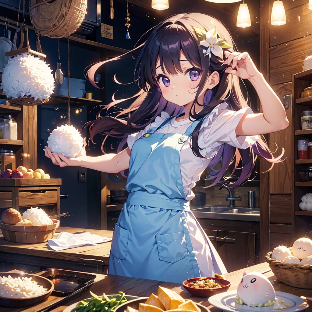 {{{Masterpiece, highest quality, high resolution background}}}, bright and beautiful atmosphere, 1 girl (7 years old, round face, baby face), small breasts, kitchen, lots of rice balls on the cutting board, wearing an apron, A girl holding a rice ball, rice on her cheek, "deltamon_sdXL :0.73) >Deltamon"