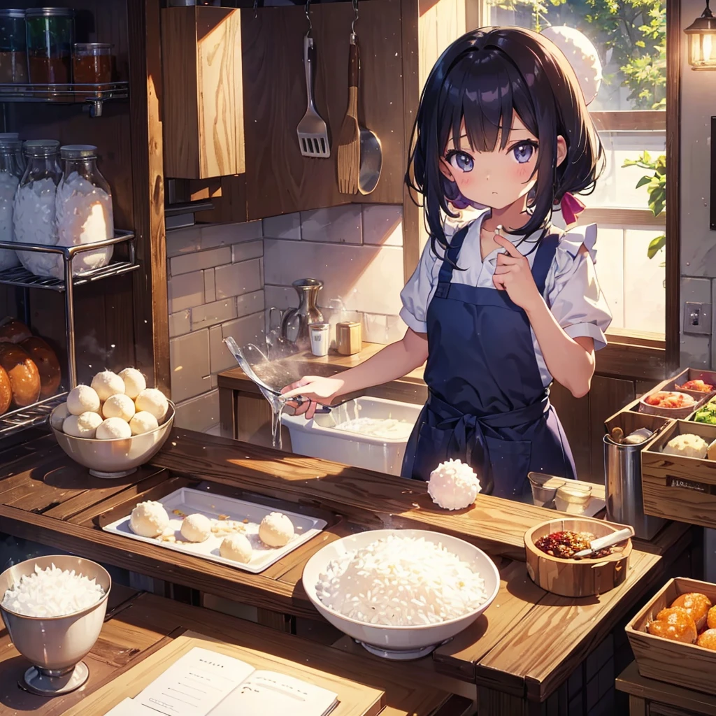 {{{Masterpiece, highest quality, high resolution background}}}, bright and beautiful atmosphere, 1 girl (7 years old, round face, baby face), small breasts, kitchen, lots of rice balls on the cutting board, wearing an apron, A girl holding a rice ball, rice on her cheek, "deltamon_sdXL :0.73) >Deltamon"