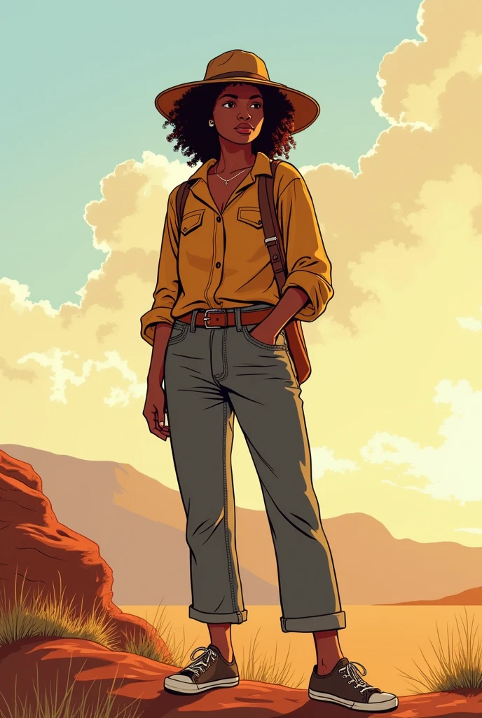 Générer une illustration d'une femme de 25 ans d'origine africaine au Cap, standing up en Afrique du Sud, avec le fond majestueux. Elle porte une tenue décontractée pour une journée de découverte. portrait