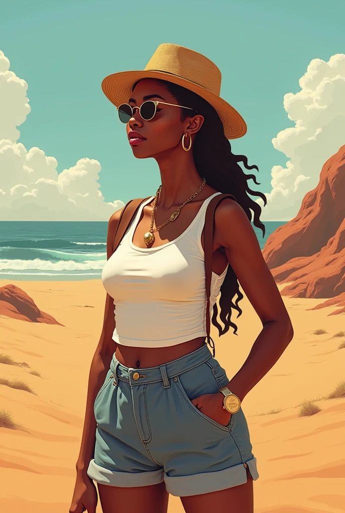 Générer une illustration d&#39;une femme de 25 ans d&#39;origine africaine au Cap, standing up en Afrique du Sud, avec le fond majestueux. Elle porte une tenue décontractée pour une journée de découverte. portrait 