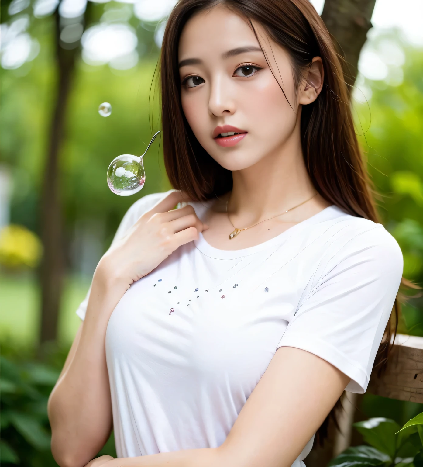 "A beautiful sexy young woman water droplets on her skin,wearing a wet white T-shirt , 