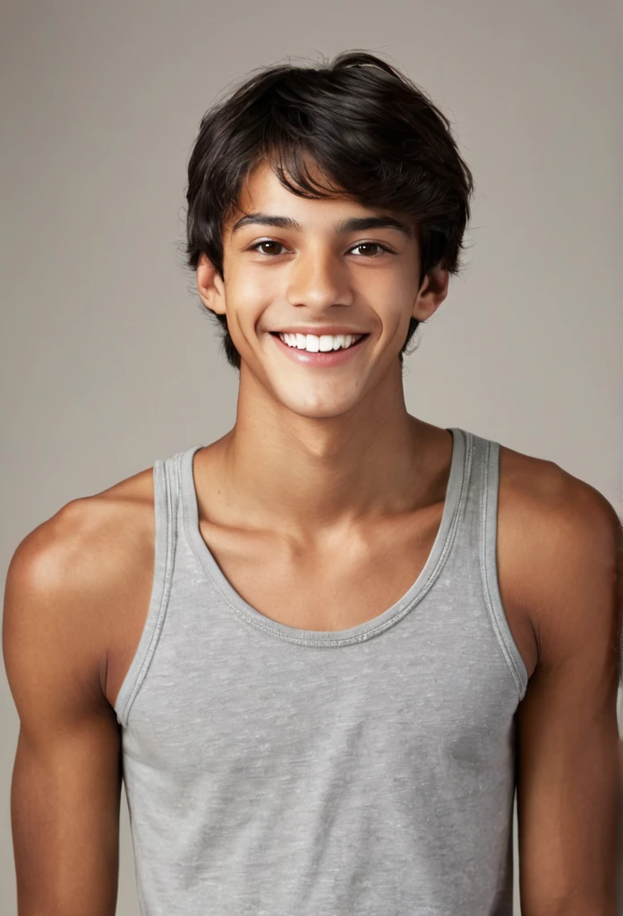 ,male,dark hair, thin body, dark brown skin, brown eyes, white teeth, whole body